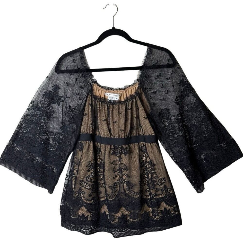 Vintage Max Studio Black Lace Babydoll Top Sz M Y2K, Milkmaid, Whimsygoth